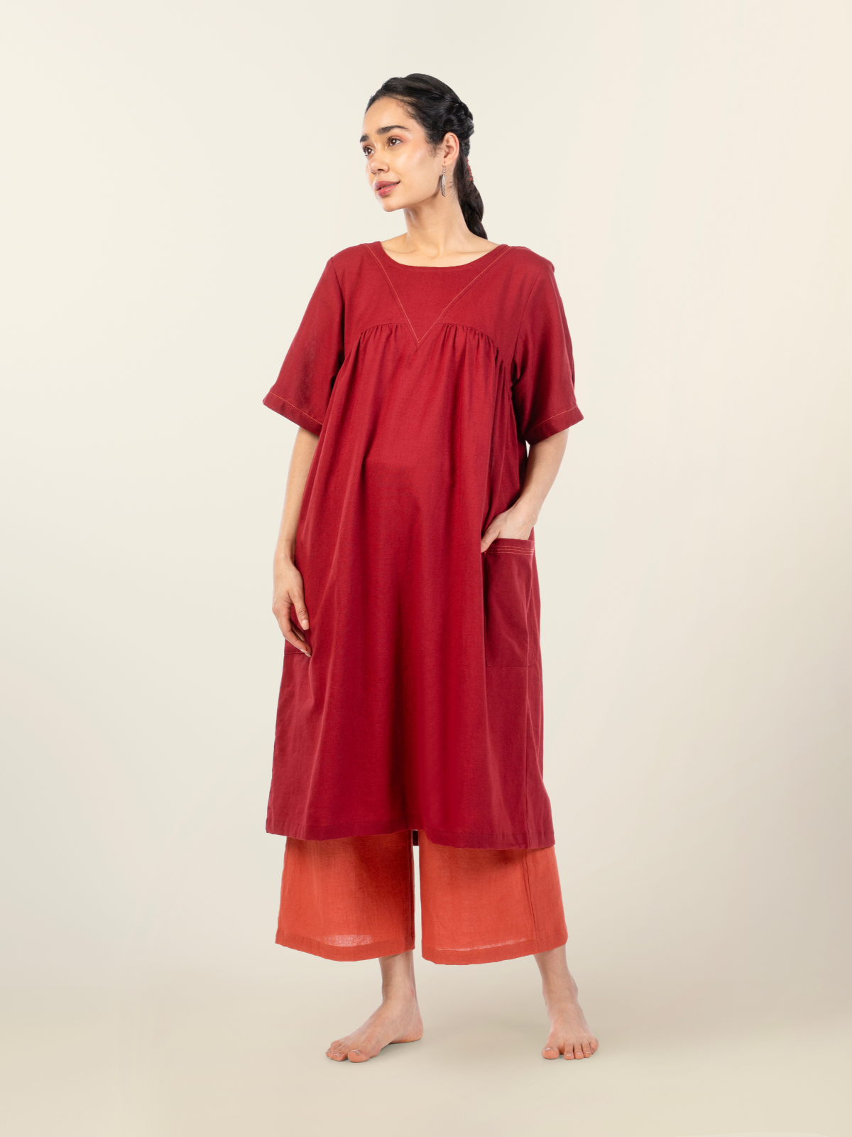 Briar- Maroon Cotton-Linen Midi Dress with Bib Front image 1