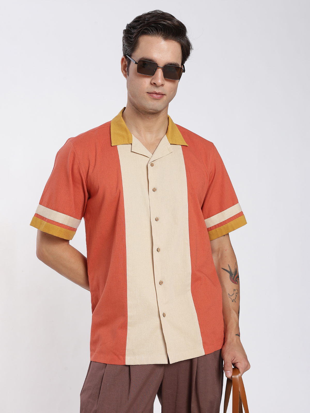 Brick Cuban Collar Paneled Shirt image 3