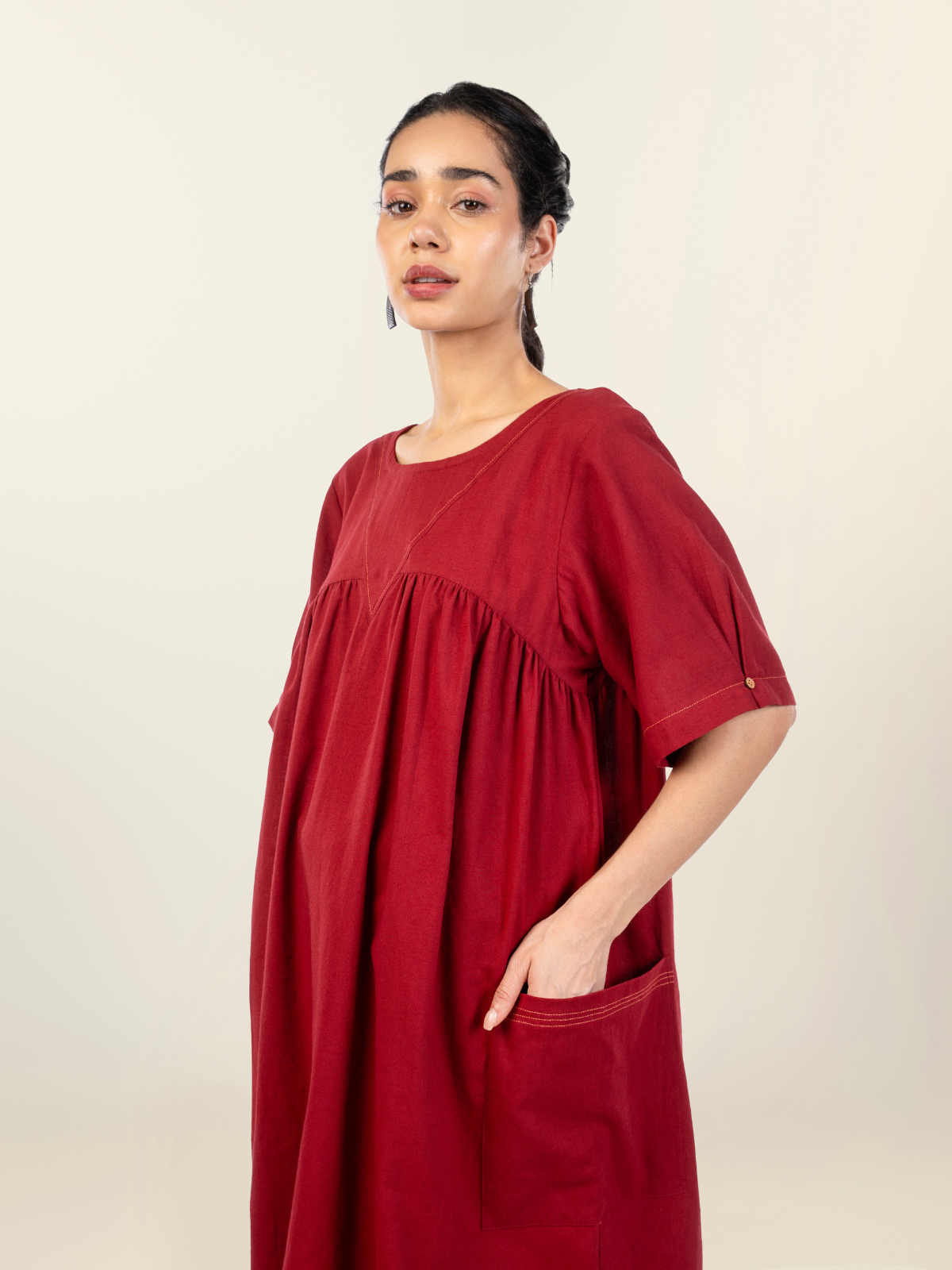 Briar- Maroon Cotton-Linen Midi Dress with Bib Front image 3