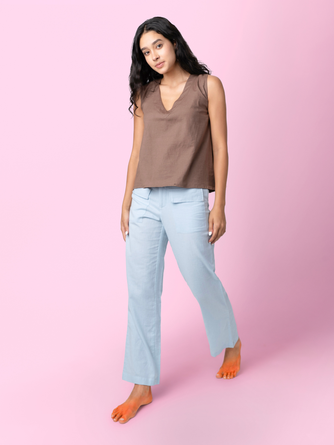 Vezee - Brown Sleeveless V neck Top