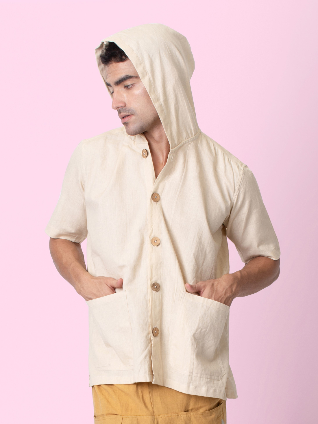Nomad - Beige Hooded Shirt with Pockets
