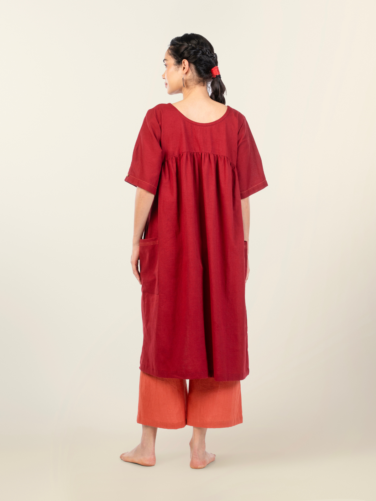 Briar- Maroon Cotton-Linen Midi Dress with Bib Front image 2