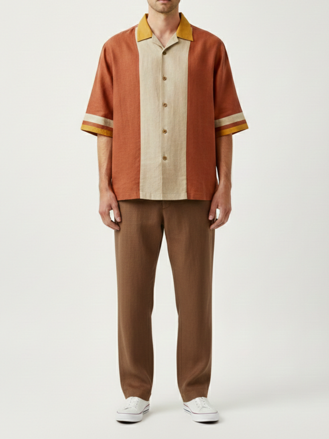 Brick Cuban Collar Paneled Shirt