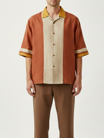 Brick Cuban Collar Paneled Shirt