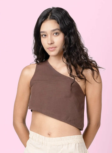 Swish - Brown One Shoulder Sleeveless Crop Top